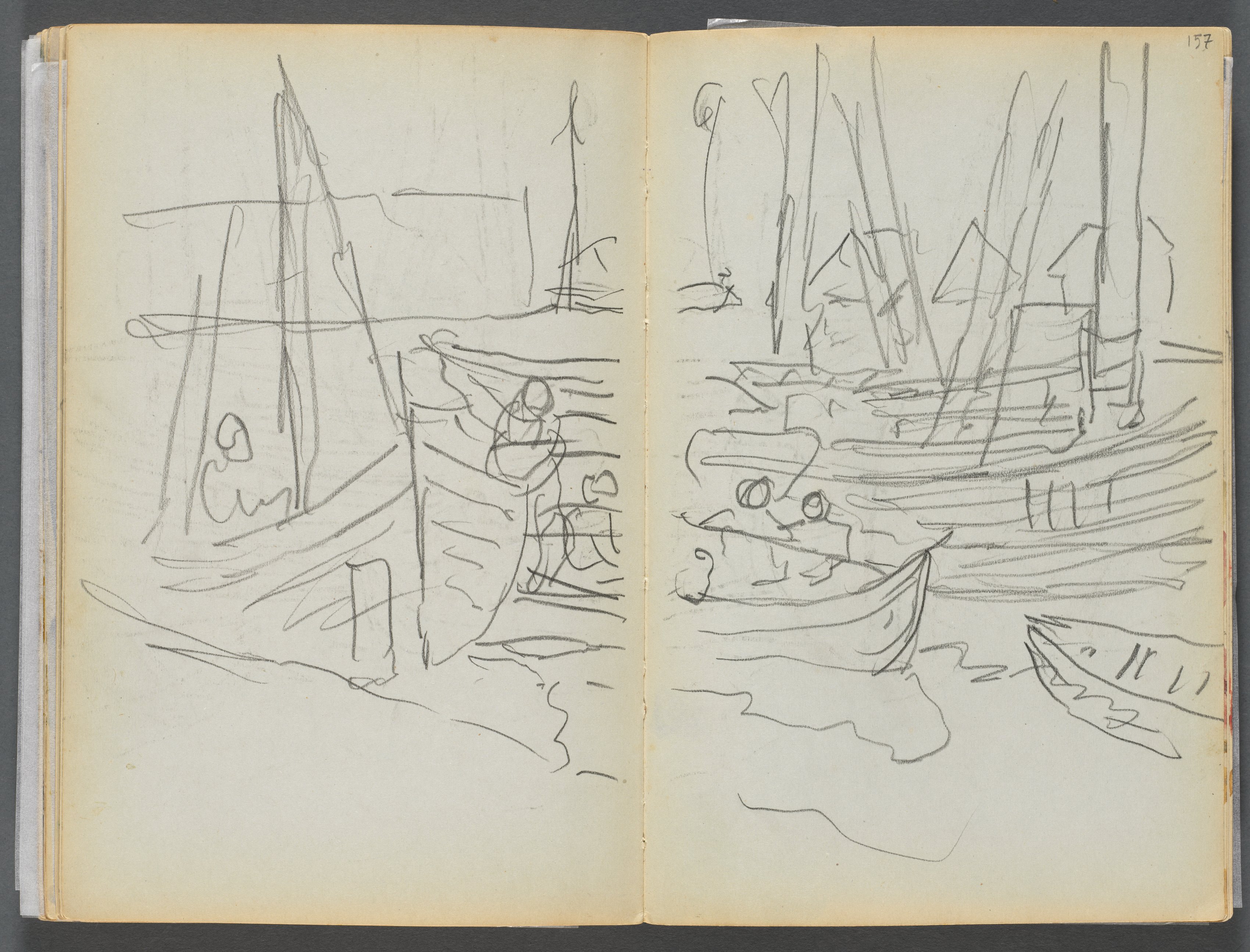 Sketchbook- The Granite Shore Hotel, Rockport, page 156 &157: Boats in Harbor 