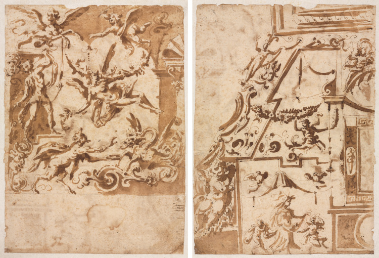 Grotesque with a Satyr Feeding a Dragon (recto); Grotesque with a Leaping Centaur (verso)