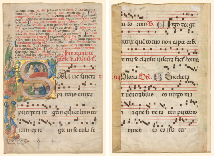 Leaf from a Gradual: Historiated Initial S[alve Sancta Parens] with Birth of the Virgin (recto) and Music (verso)