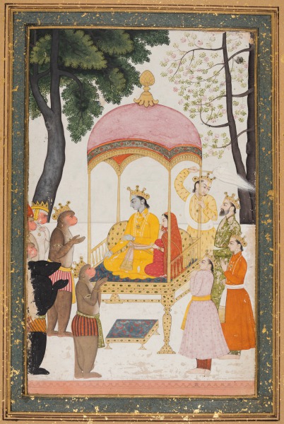 Enthroned Rama and Sita receive homage from their monkey and bear Allies, from the Yuddha Kanda (Book of the War) of a Ramayana (Rama’s Journey)