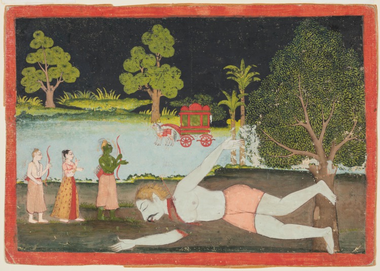 Rama and Lakshmana slay the demon giant Viradha, from Chapters 2 through 4 of the Aranya Kanda (Book of the Forest) of a Ramayana (Rama’s Journey)