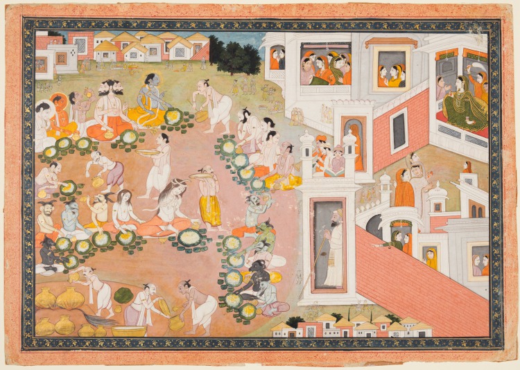 Feast where Vishnu decides he will incarnate as King Dasharatha’s sons, from Chapters 14–15 of the Bala Kanda (Book of Childhood) of a Ramayana (Rama’s Journey)