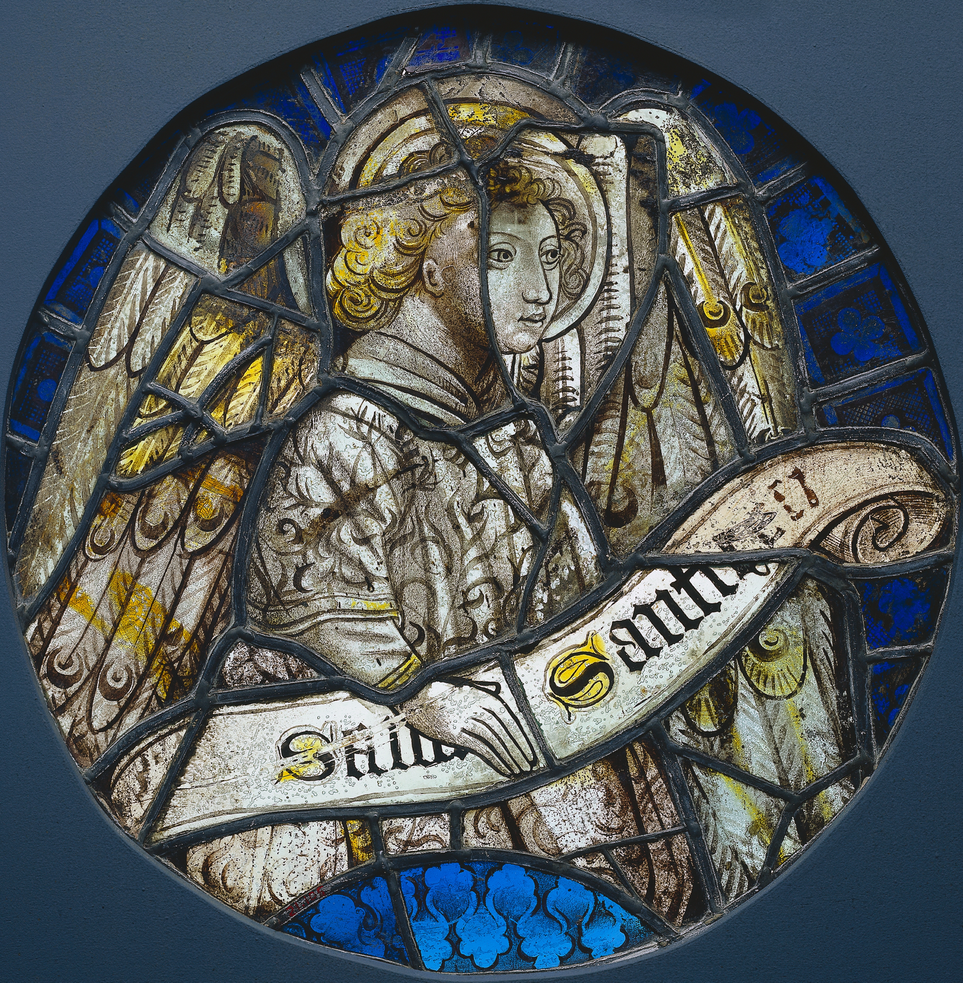 Stained Glass Roundel with an Angel Holding a Scroll