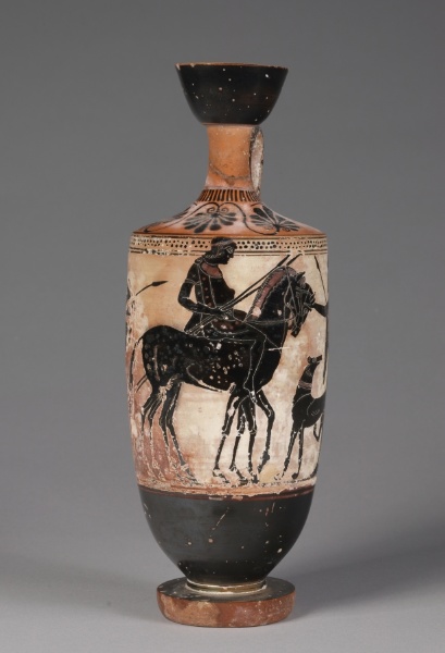 Black-Figure White-Ground Lekythos (Oil Vessel): Horseman, Horse between Warriors, Dog
