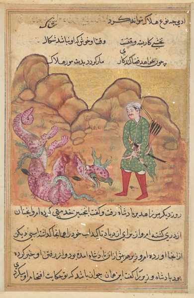 The son of the pious man slays the dragon, from a Tuti-nama (Tales of a Parrot): Fifty-second Night