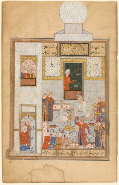 Bahram Visits the White Domed Pavilion on Friday, illustrated with text in Khamsa of Nizami (verso), from a Haft Paykar (Seven Portraits) of Nizami