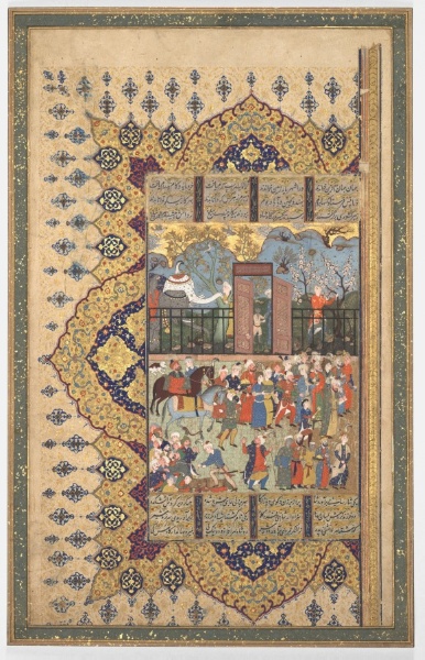 King Luhrasp Ascends the Throne: a Processon Arrives at Court (recto); the Story of King Luhrasp (verso) from a Shahnama (Book of Kings) of Firdausi (940-1019 or 1025)