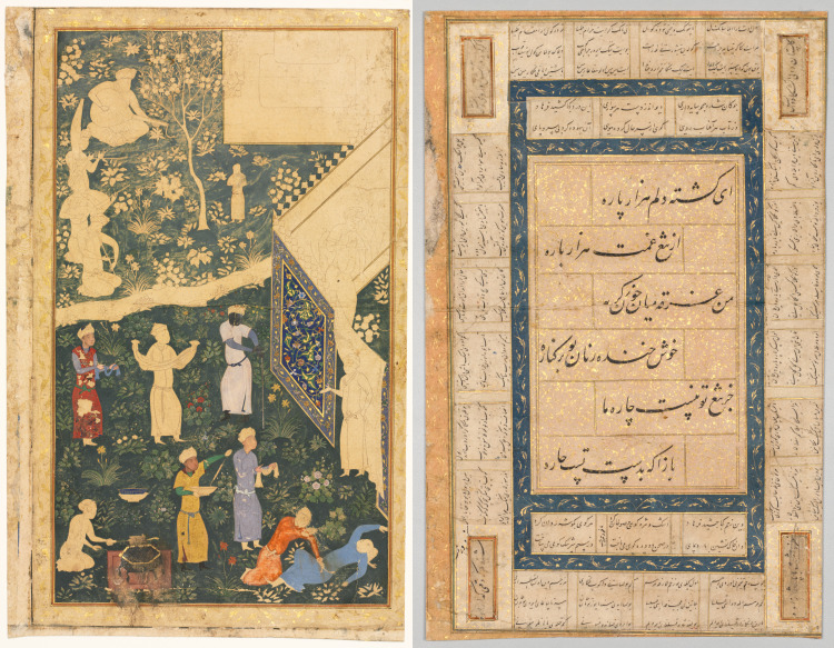 Left side of a double-page album folio: Outside a Royal Encampment (recto) and Calligraphy, Persian Verses (verso)