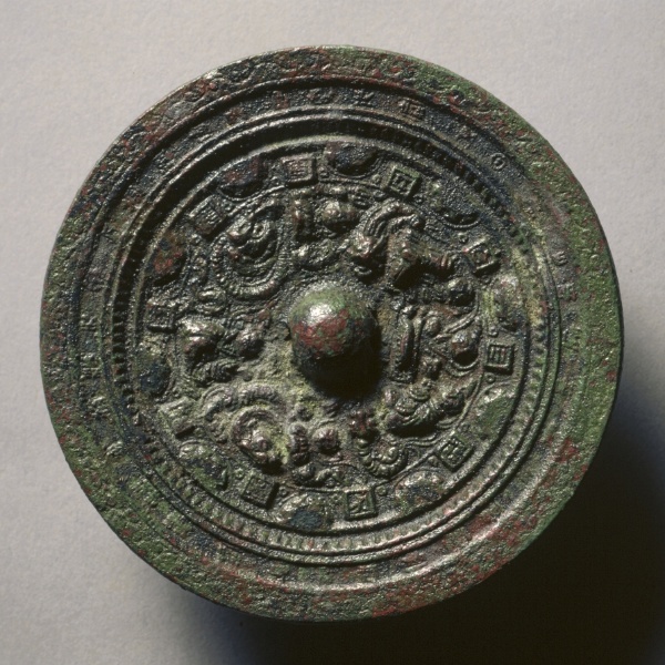 Mirror with Deities and Animals Surrounded by Rings of Squares and Semicircles