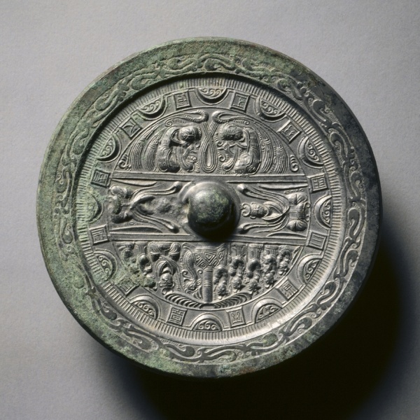 Mirror Featuring Deities and Kings in Three Sections Surrounded by Rings of Squares and Semicircles