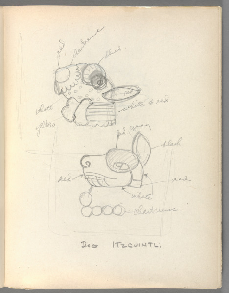Sketchbook No. 6, page 127: Pencil 2 sketches for Dog Itzcuintli with color notations 
