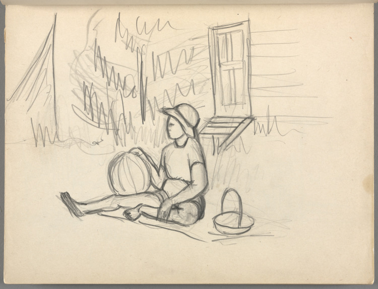 Sketchbook No. 6, page 13: Pencil woman sitting on ground with ball and basket