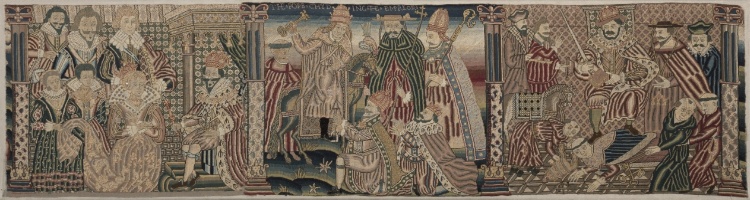 Section of an Embroidered Frieze: Ahasuerus and Esther, The Pope Chiding the Emperor, Henry VIII treading on the Pope's Neck