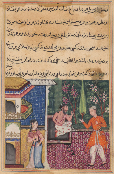 The Brahman gives an account of his falling in love with the king of Babylon’s daughter to his friend, the magician, from a Tuti-nama (Tales of a Parrot): Thirty-fifth Night