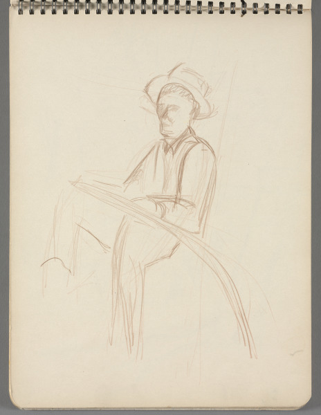 Sketchbook No. 8, page 3: Brown pencil sketch of seated man holding a pole 