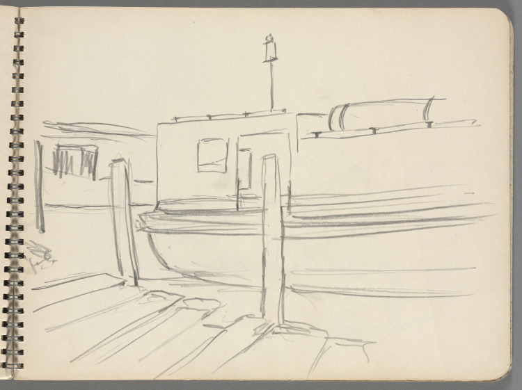 Sketchbook No. 8, page 21: Pencil sketch of boat along dock 