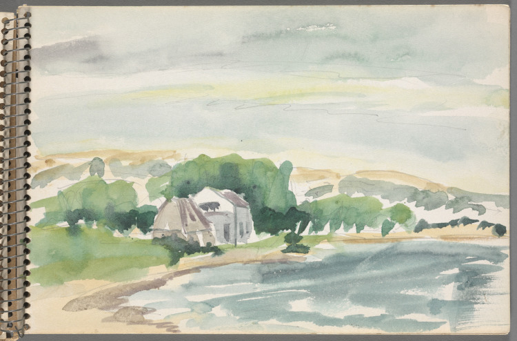 Sketchbook No. 7, page 3: More finished watercolor of house on lake, hills in background