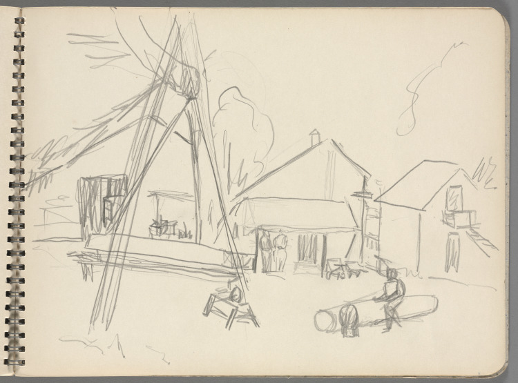 Sketchbook No. 8, page 23: Pencil sketch of cabins, figures