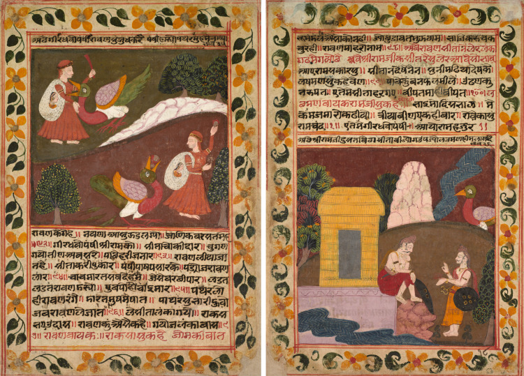 Folio 18 from a Chandana Malayagiri Varta (Story of King Chandana and Queen Malayagiri) of Karamachand: Ravana battles the great vulture Jatayu and defeats him by throwing stones in his mouth (recto); Jatayu approaches Rama and Lakshmana who are wondering where Sita could be (verso)