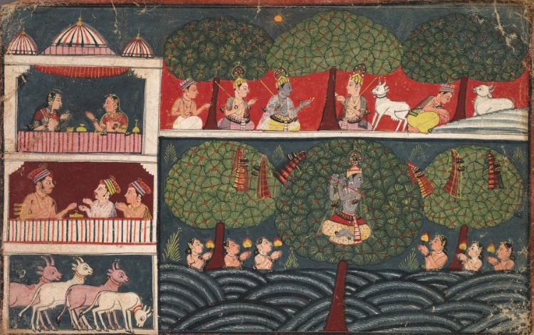 Krishna Steals the Clothes of the Milkmaids and Expounds on the Virtue of Trees, from a Braj Bhagavata Purana