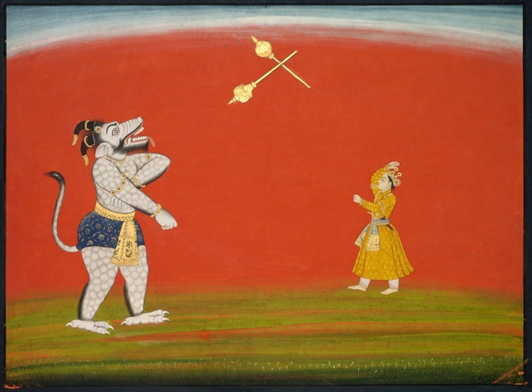 Pradyumna and Samvara fight with maces: Leaf from the "Large Basohli Bhagavata Purana"