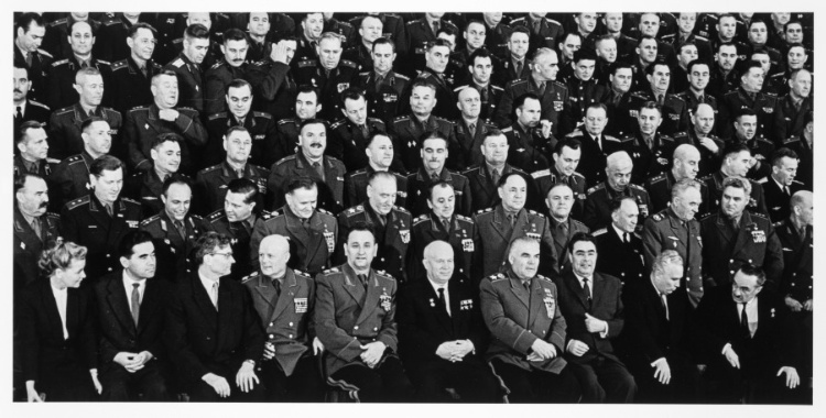 Khrushchev and the Soviet leadership (including Brezhnev, Furseva, Suslov and Mikoyan) among military commanders
