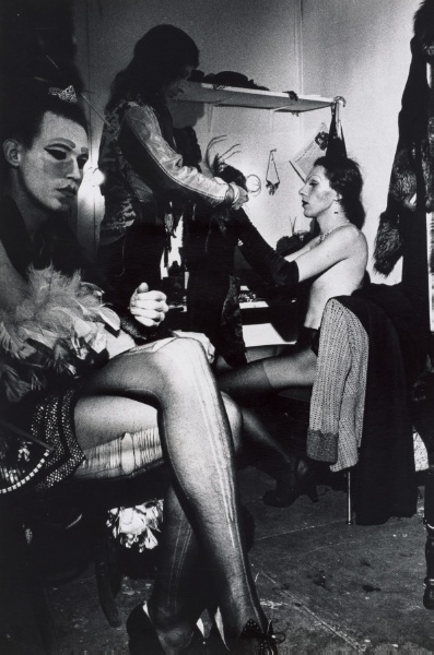Transvestite performers backstage at a performance of the "Cockettes," New York City