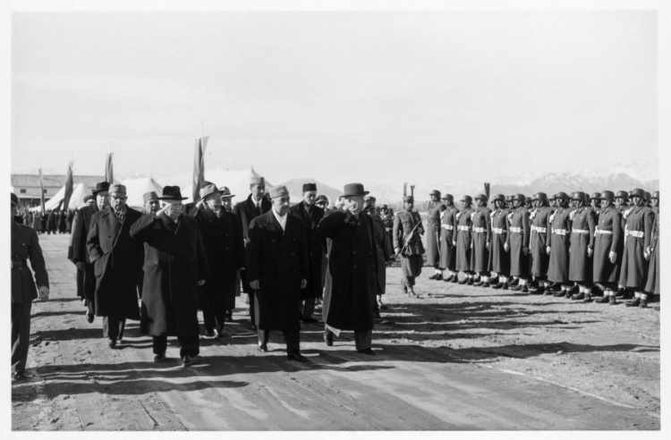 Khrushchev and Bulganin reviewing troops with the Afghan P.M., Kabul, Afghanistan