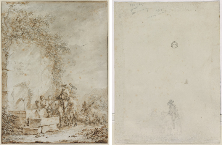 Frontispiece for an Album of Drawings: Peasants at a Fountain (recto); Sketch of Peasants at a Fountain (verso)