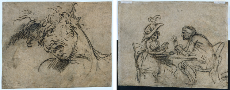 Head of a Screaming Man (recto) Woman and Man Playing Cards (verso) 