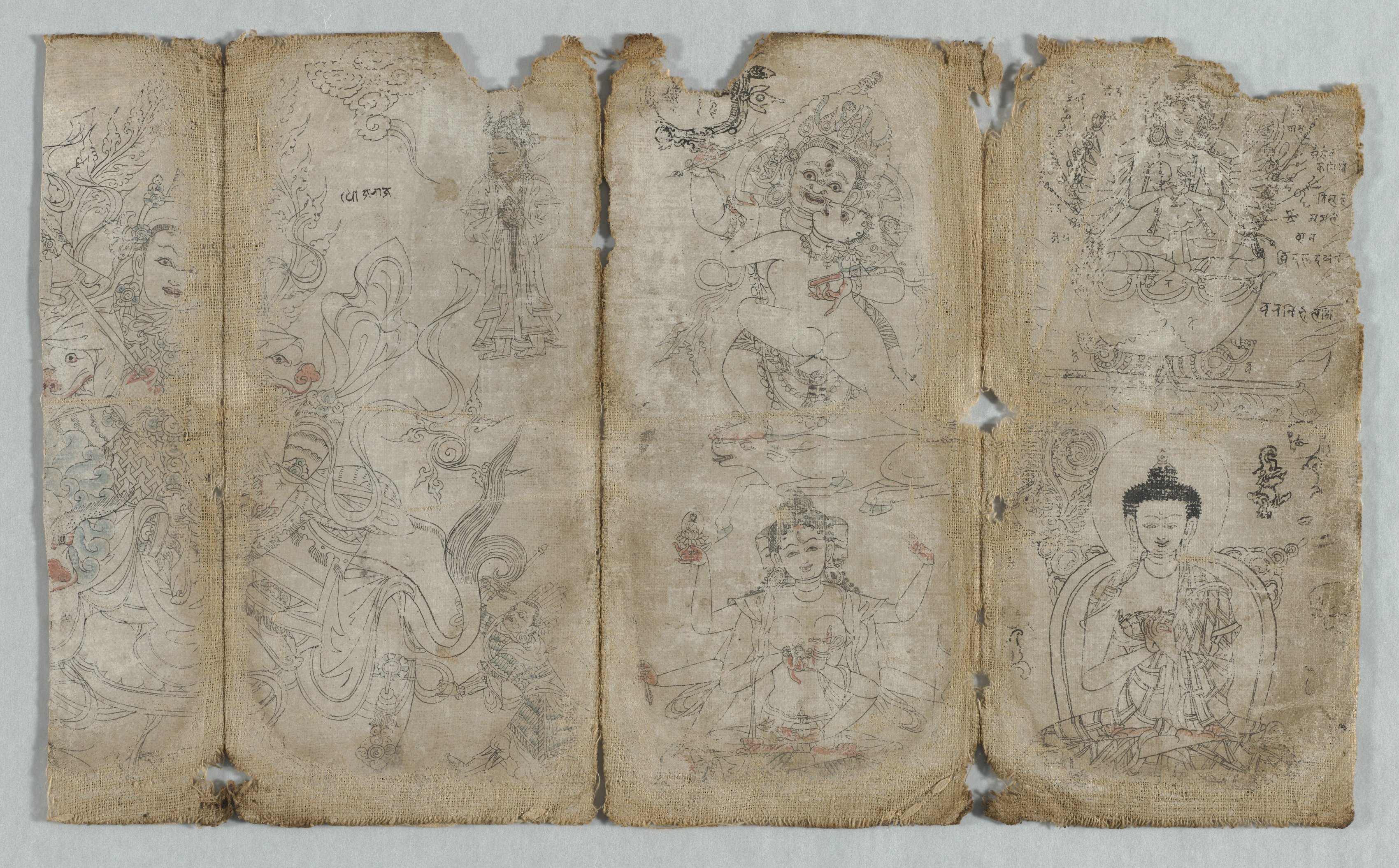 Iconographic Drawings:  Vaishravana, Yama, Ushnishavijaya, Chunda (?), and Buddha (recto)